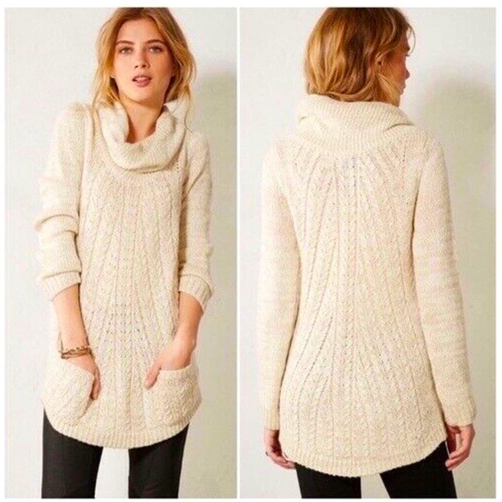 Anthropologie Guinevere Oatmeal Wool Mohair Blend Cowl Neck Cable Knit Size XS